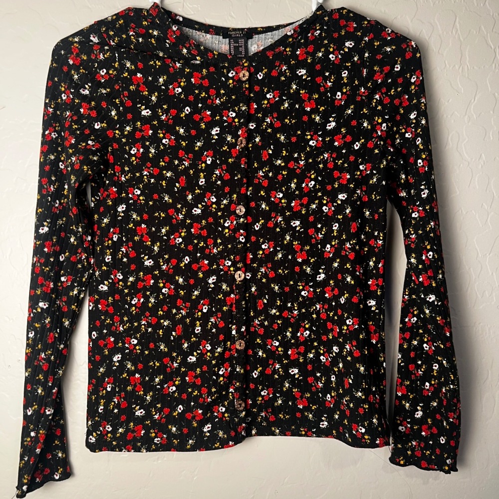 Forever 21 Girls Black Floral Ribbed Cardigan Top Size 11/12 Lettuce Edge Ditsy